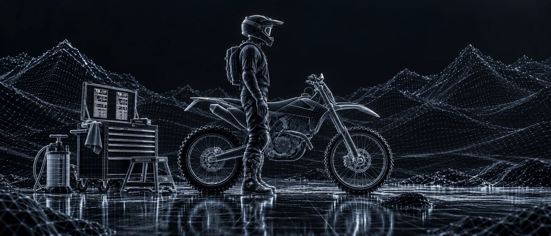 Wireframe rider standing beside a dirt bike and a tool chest in a mountain landscape, with each part of the Two Blips platform labeled on the scene.